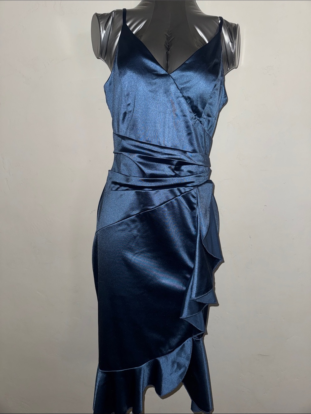 Emerald Sundae blue Satin Wrap Ruffle Midi Dress